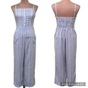 Old Navy Linen Blend White Blue Striped Cropped Wide Leg Jumpsuit Size Small